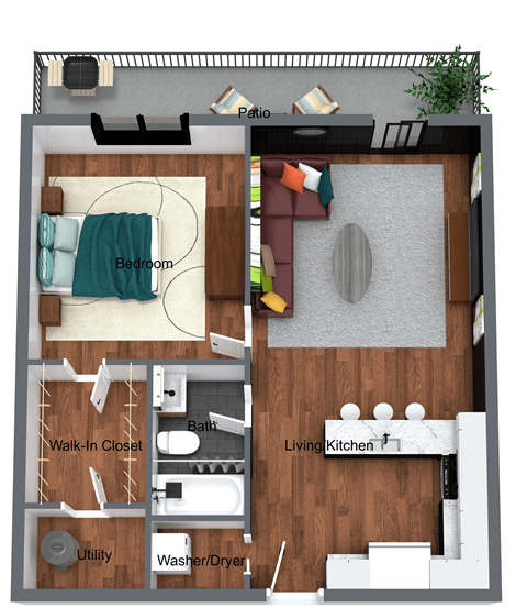 Floor plan for 1 bed, 1 bath, 639 sqft